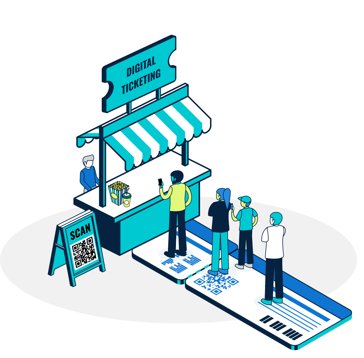 An illustrated stand for digital ticketing for high school sports.