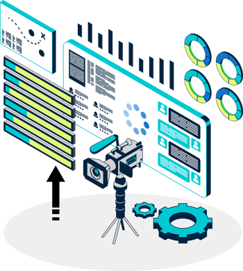 An illustration showing a camera, charts, and analytics data for coaching analytics in sports.
