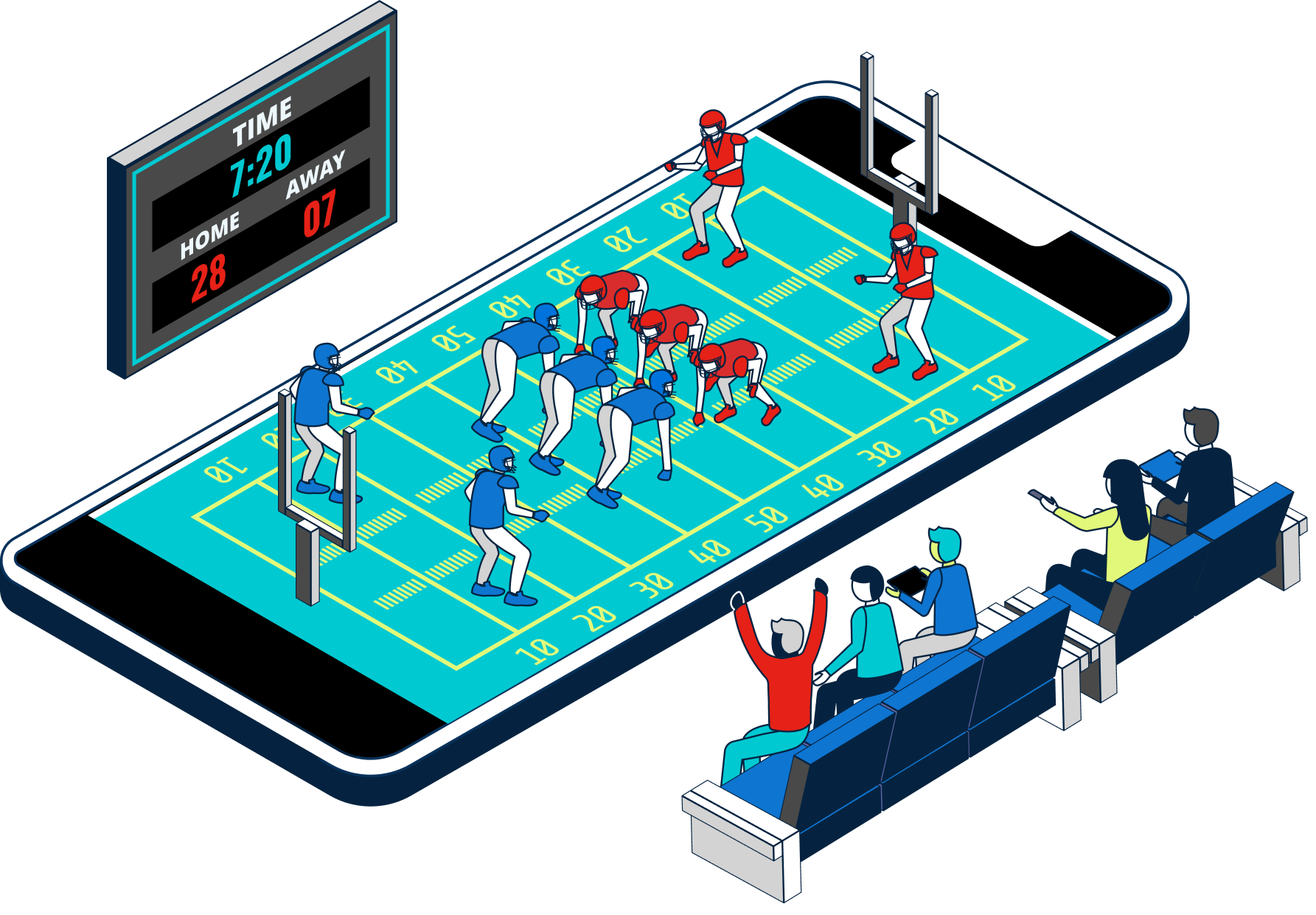 An illustration of a NFHS Network sports event on a smartphone screen with spectators watching.