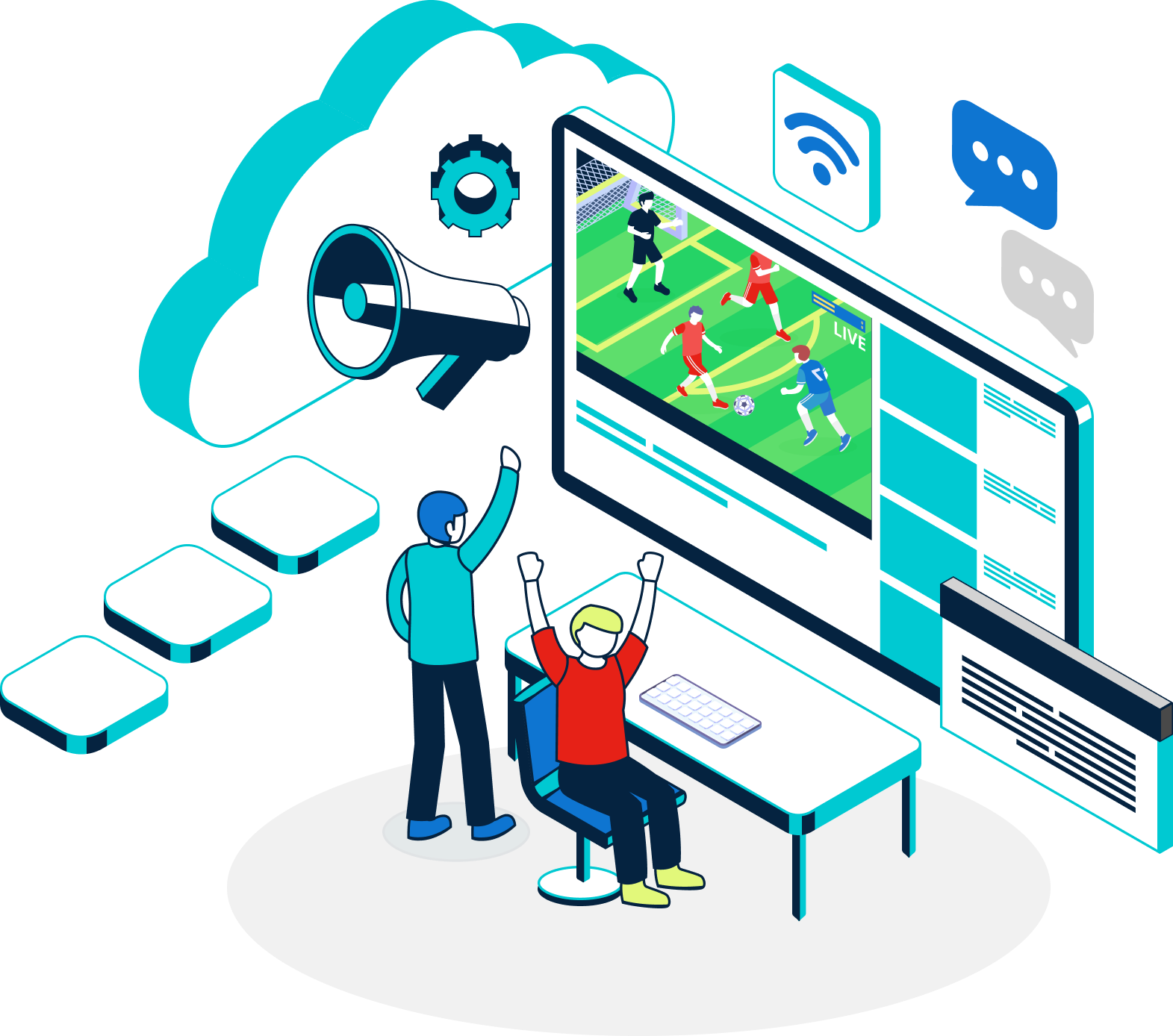 A digital illustration of two people celebrating in front of a website page showing a schools athletic program..