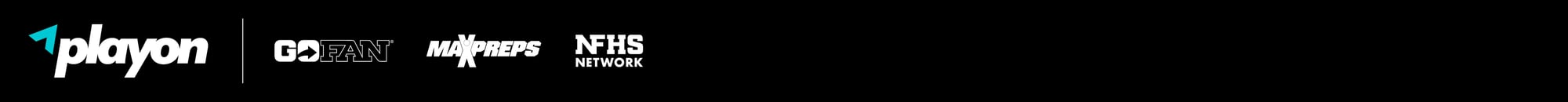 White PlayOn logo with a cyan colored upward and to the right arrowmark followed by a thin vertical divider line and the GoFan, MaxPreps, and NFHS Network logos also in white. The full logo lockups are on a black background.
