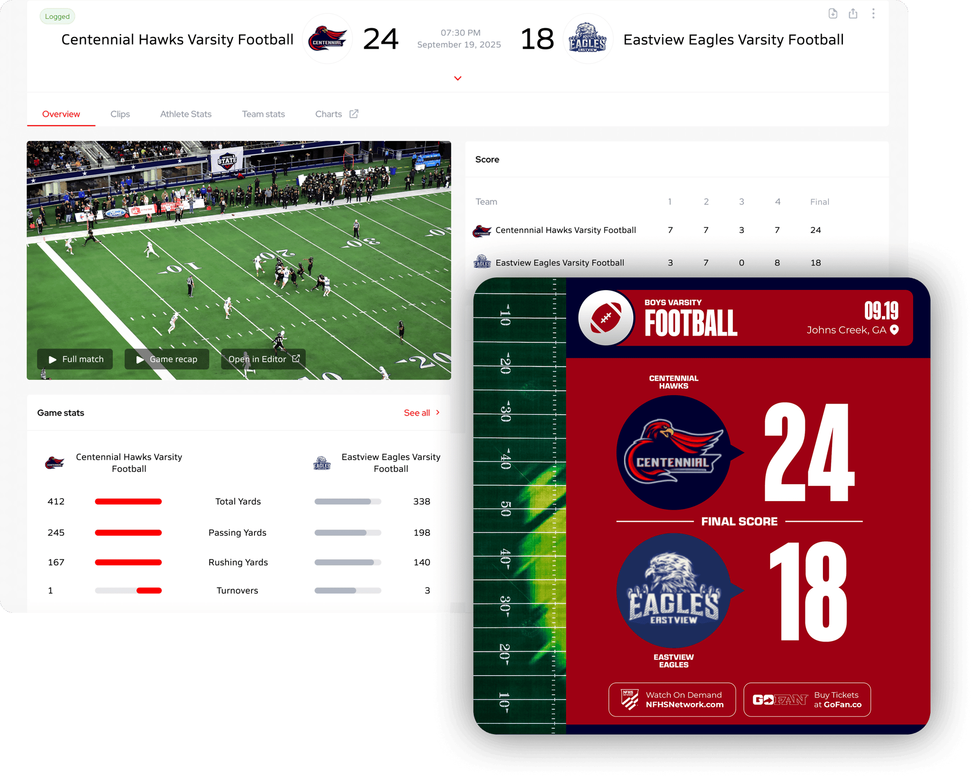 Final score graphics, coaching film, and stats for high school sports