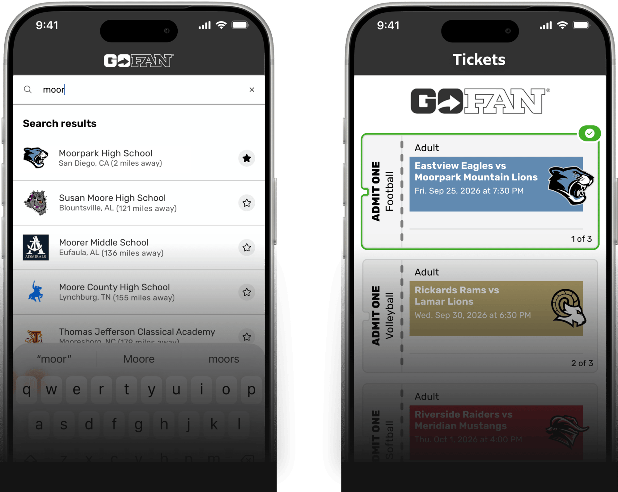 Two smartphone screens showing the GoFan app. The left screen shows a high school search results page, and the right screen shows a digital 'Tickets' dashboard with a game pass for Eastview Eagles vs. Moorpark Mountain Lions.