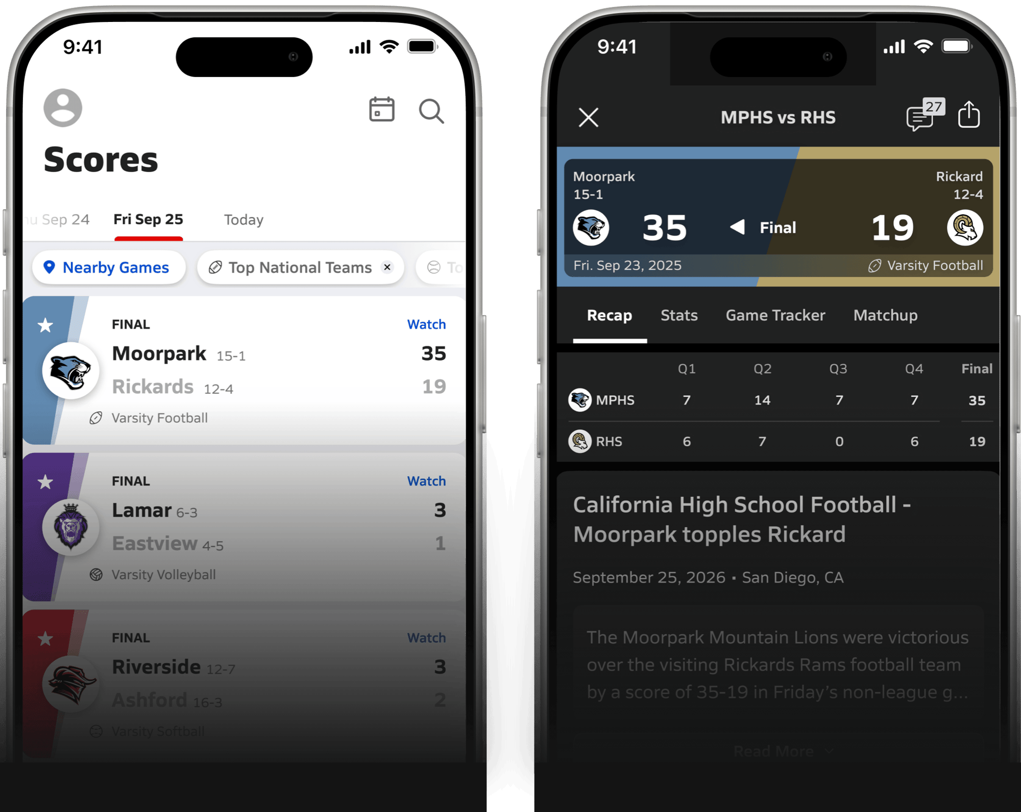 Two smartphone screens displaying the MaxPreps app. The left screen shows a 'Scores' dashboard listing high school game results, and the right screen shows a detailed 'MPHS vs RHS' football game recap and quarter-by-quarter scoreboard.