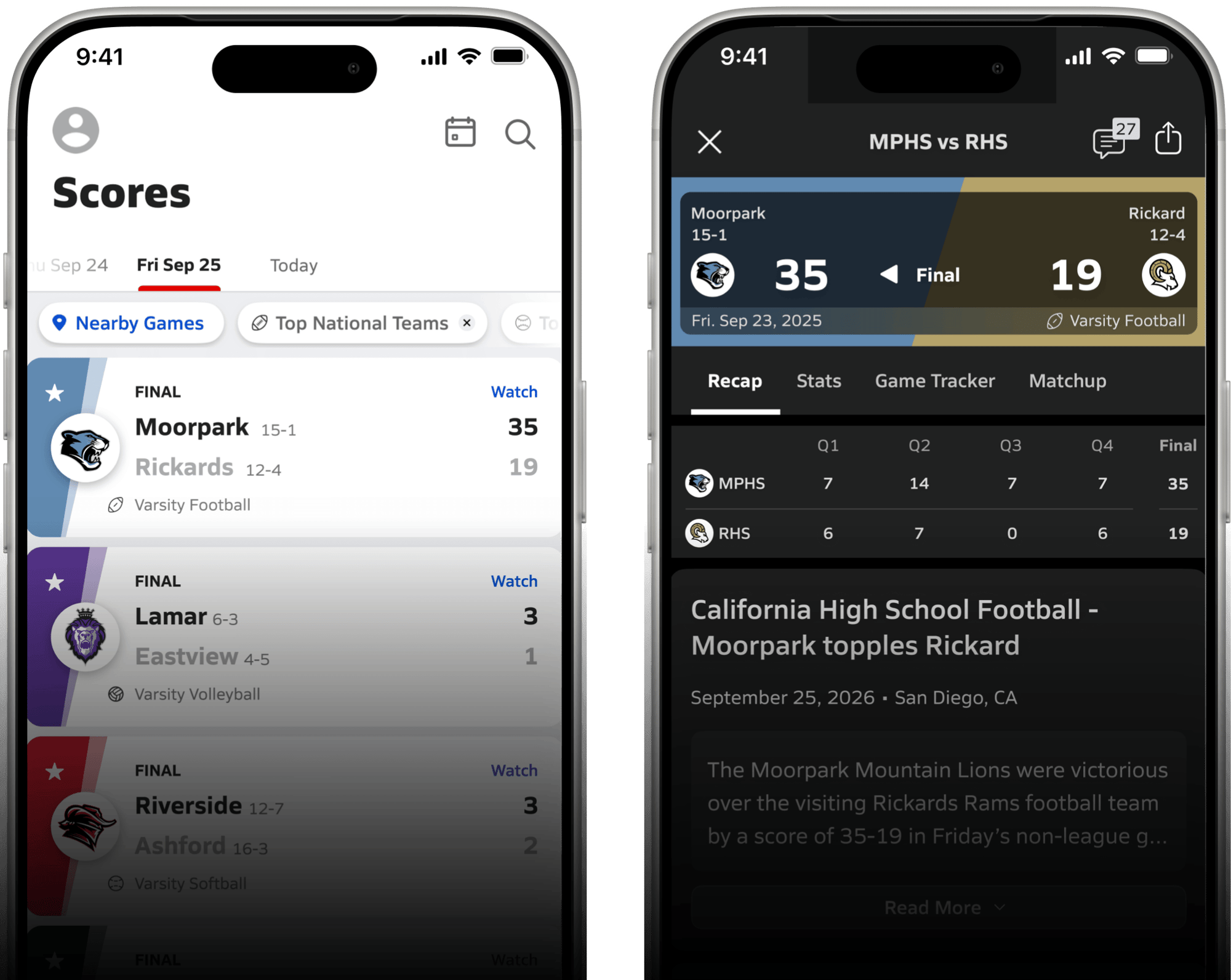 MaxPreps app for high school sports scores, standings, recaps, and highlights