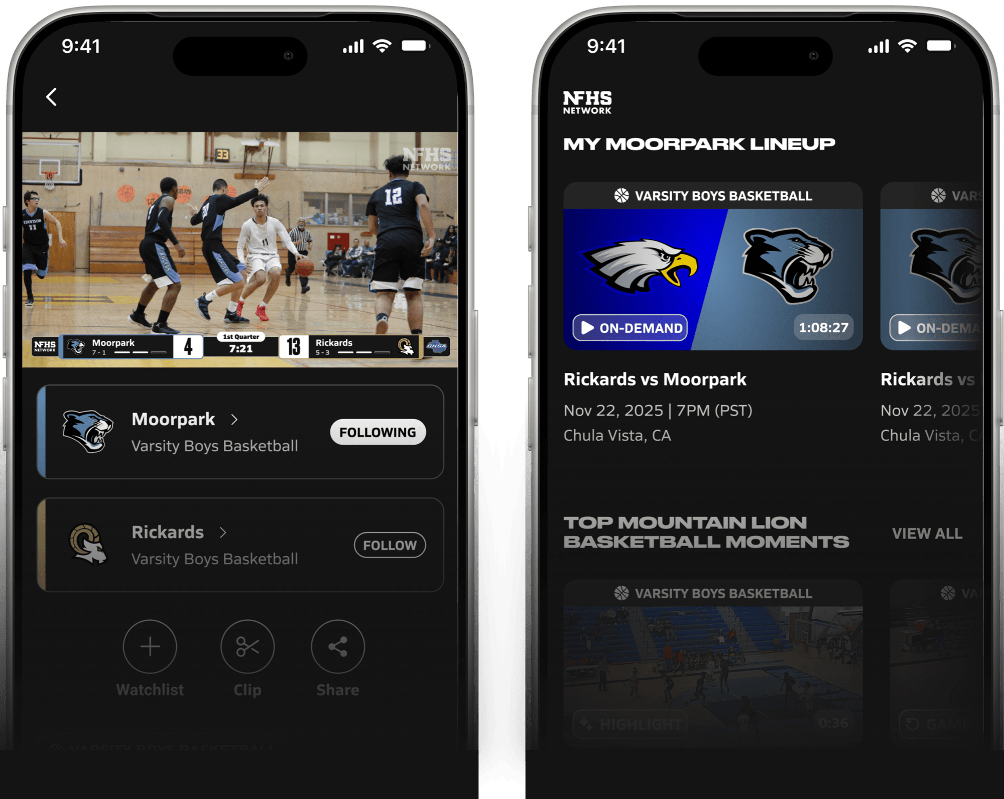 Two smartphone screens showing the NFHS Network app. The left screen displays a live stream player of a Moorpark vs. Rickards boys basketball game, and the right screen shows an 'On-Demand' game replays dashboard.